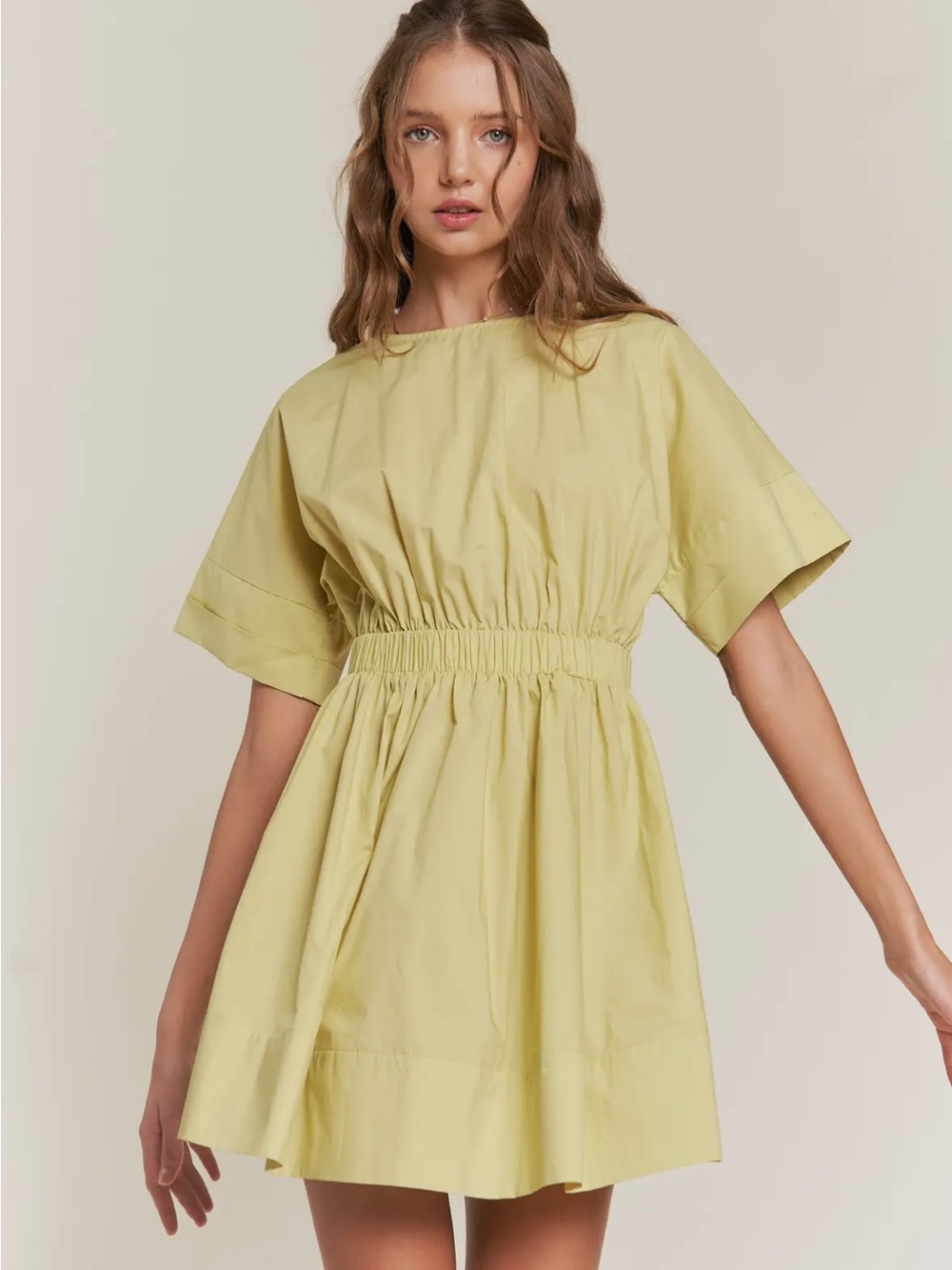 Elastic-Waist Short Dress in Pale Lime